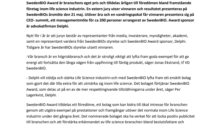 Dags att nominera till SwedenBIO Award - nu med extern jury