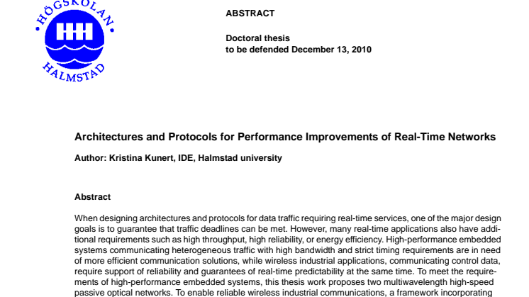 Abstract Architectures and Protocols for Performance Improvements of Real-Time Networks