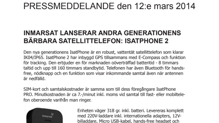 INMARSAT LANSERAR ANDRA GENERATIONENS BÄRBARA SATELLITTELEFON: ISATPHONE 2
