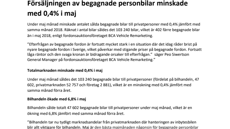 Försäljningen av begagnade personbilar minskade med 0,4% i maj