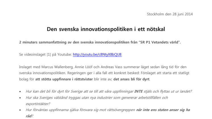 Den svenska innovationspolitiken i ett nötskal