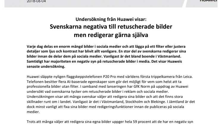 Undersökning från Huawei visar: Svenskarna negativa till retuscherade bilder men redigerar gärna själva