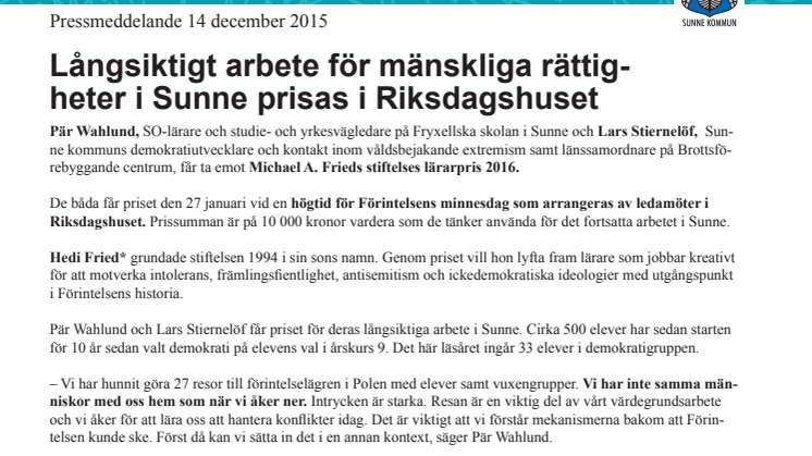 Långsiktigt arbete för mänskliga rättigheter i Sunne prisas i Riksdagshuset