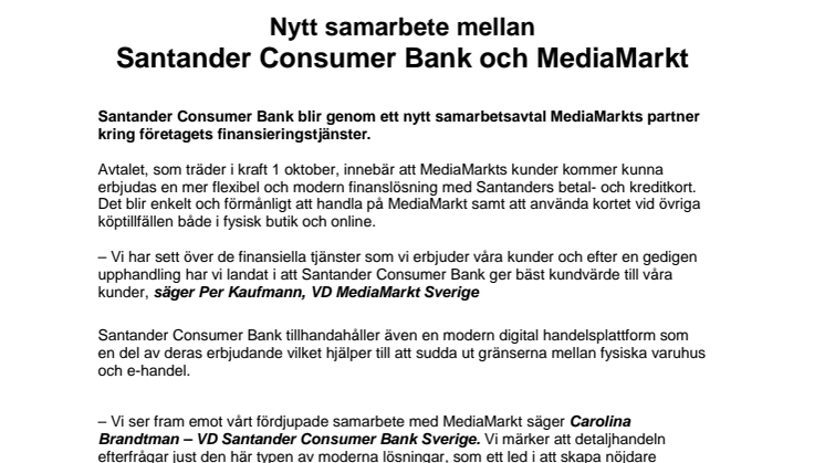 Nytt samarbete mellan Santander Consumer Bank och MediaMarkt