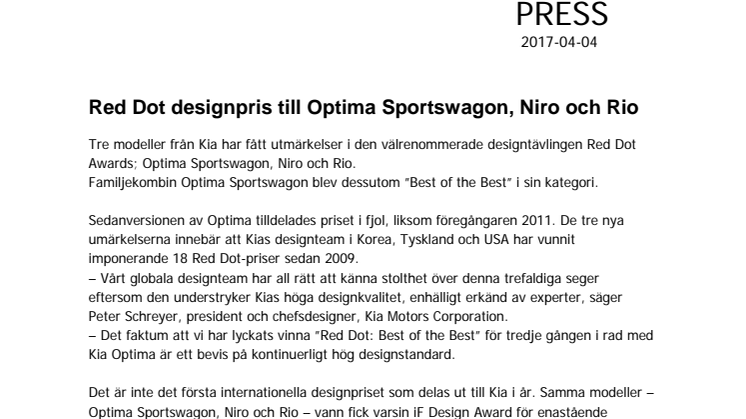 Red Dot designpris till Optima Sportswagon, Niro och Rio