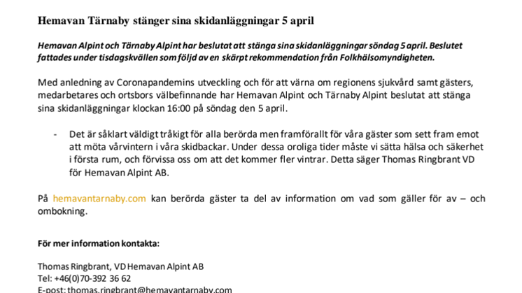 Hemavan och Tärnaby stänger sina skidanläggningar 5 april