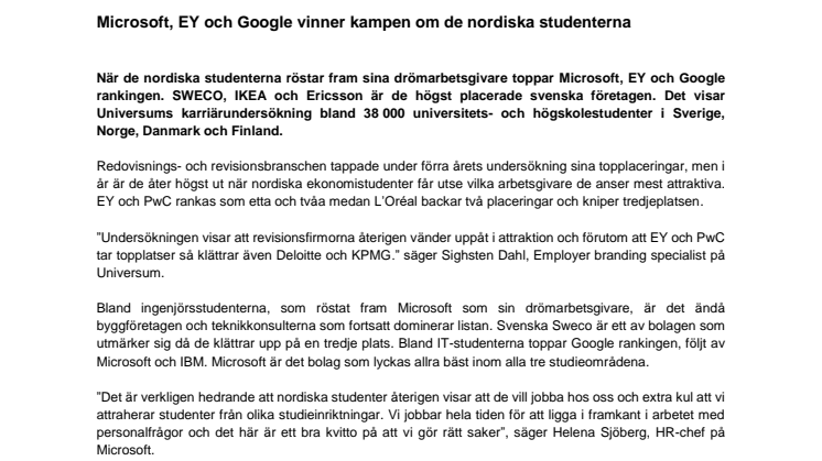 Nordens mest attraktiva arbetsgivare - Microsoft, EY och Google vinner kampen om de nordiska studenterna