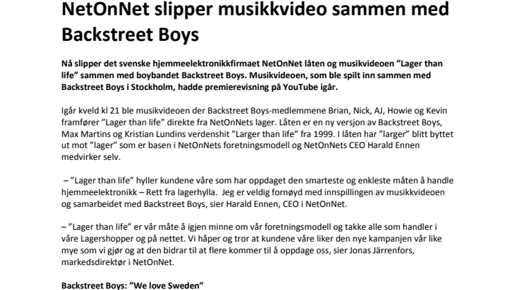 NetOnNet slipper musikkvideo sammen med Backstreet Boys