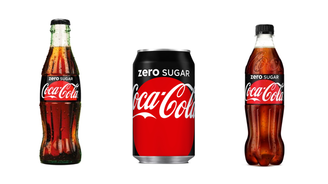 Coca-Cola zero sugar i glasblaska, burk och 500 ml PET