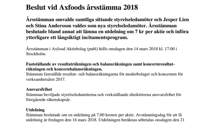 Beslut vid Axfoods årsstämma 2018