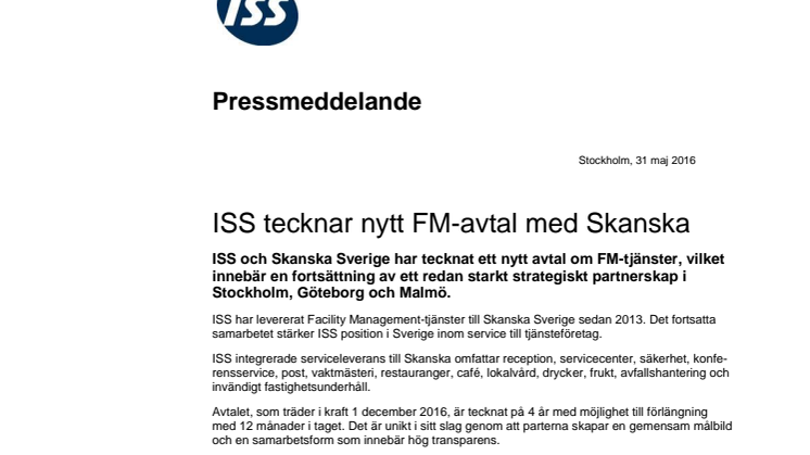 ISS tecknar nytt FM-avtal med Skanska