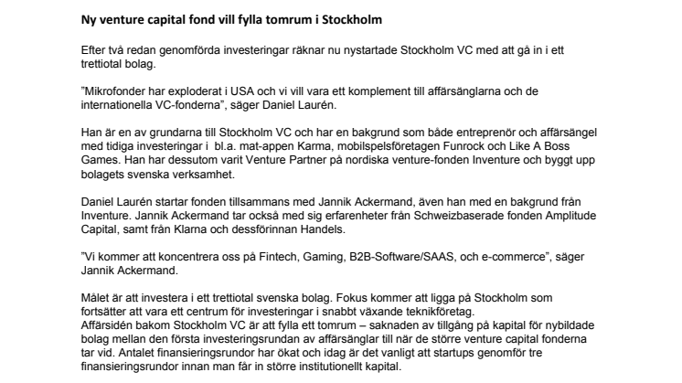 Ny venture capital fond vill fylla tomrum i Stockholm