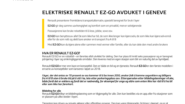 Ny elektrisk konseptbil fra Renault, EZ-GO er presentert i Geneve