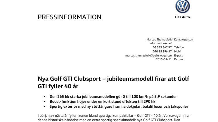 Nya Golf GTI Clubsport – jubileumsmodell firar att Golf GTI fyller 40 år