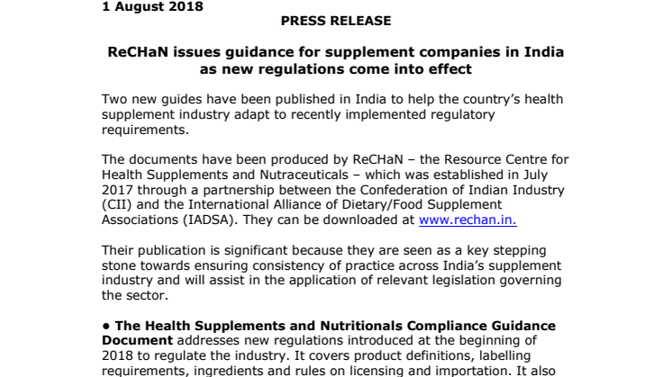 PRESS RELEASE – ReCHaN issues guidance for supplement companies in India as new regulations come into effect