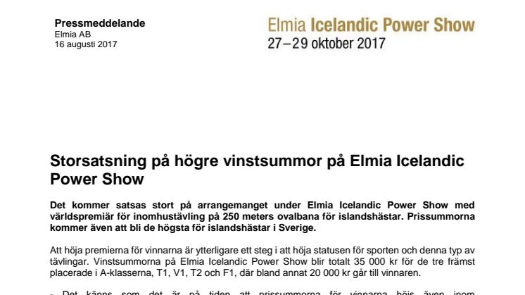 Storsatsning på högre vinstsummor på Elmia Icelandic Power Show