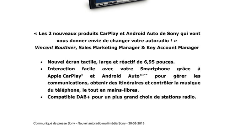 Nouvel autoradio multimédia Sony :  taille d'écran supérieure  et convergence actualisée avec les smartphones