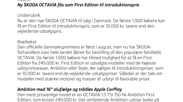 Ny ŠKODA OCTAVIA fås som First Edition til introduktionspris
