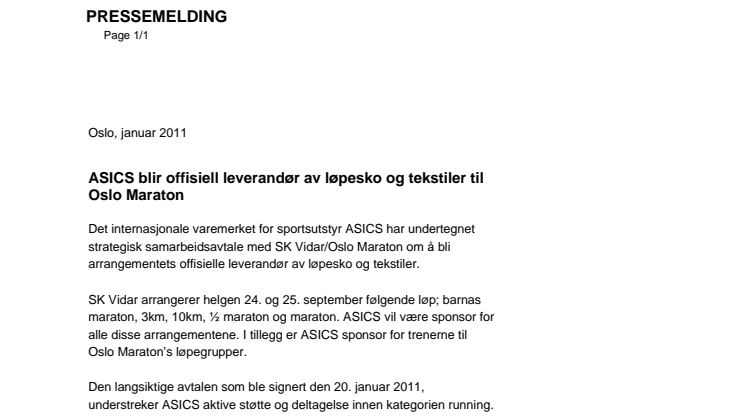 ASICS blir offisiell leverandør av løpesko og tekstiler til Oslo Maraton 
