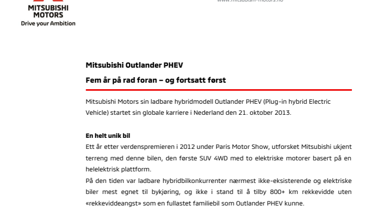 Mitsubishi Outlander PHEV. Fem år på rad foran – og fortsatt først