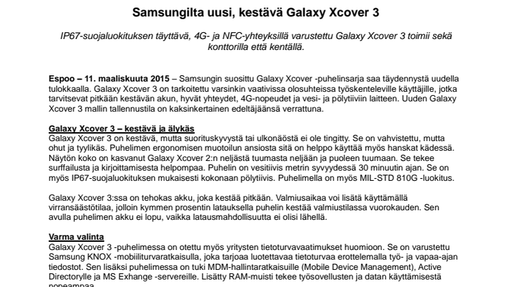 ​Samsungilta uusi, kestävä Galaxy Xcover 3