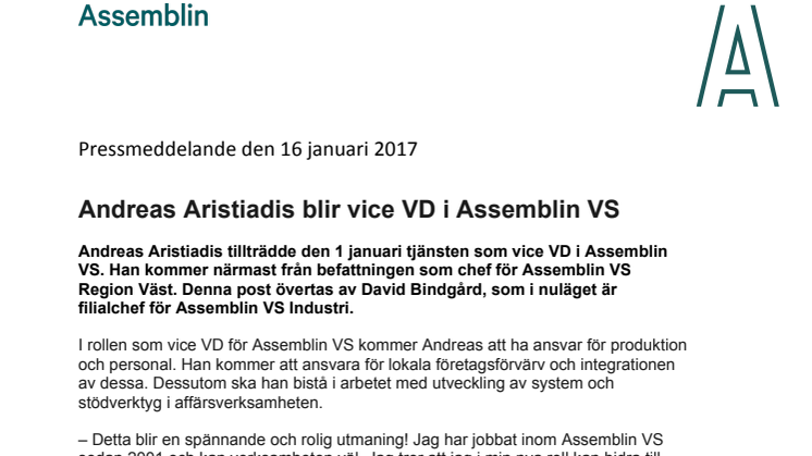 Andreas Aristiadis blir vice VD i Assemblin VS