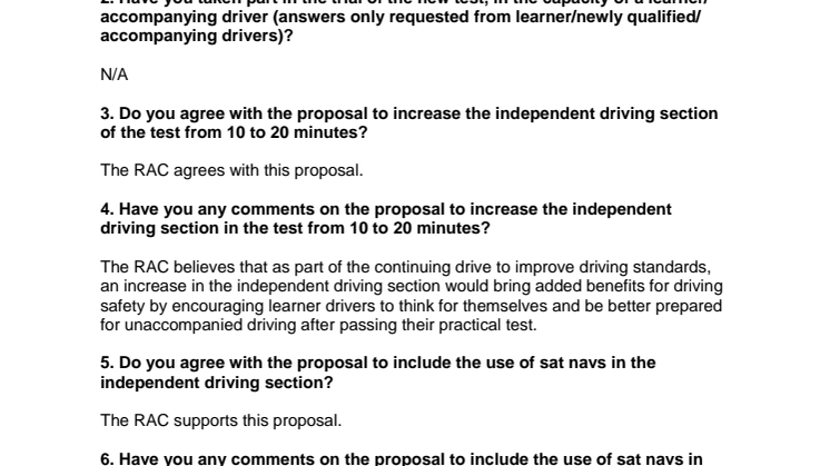 RAC response to the DVSA consultation on changes to the practical driving test