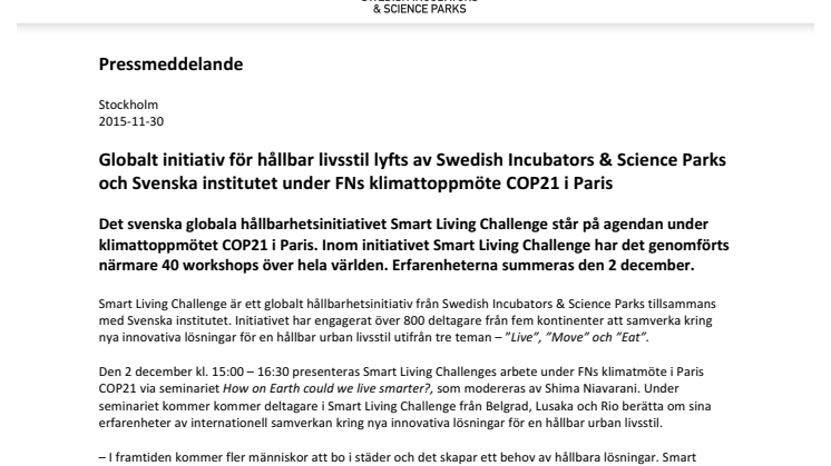  Globalt initiativ för hållbar livsstil lyfts av Swedish Incubators & Science Parks och Svenska institutet under FNs klimattoppmöte COP21 i Paris
