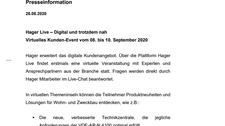 Hager Live – Virtuelles Kunden-Event vom 08. bis 10. September 2020