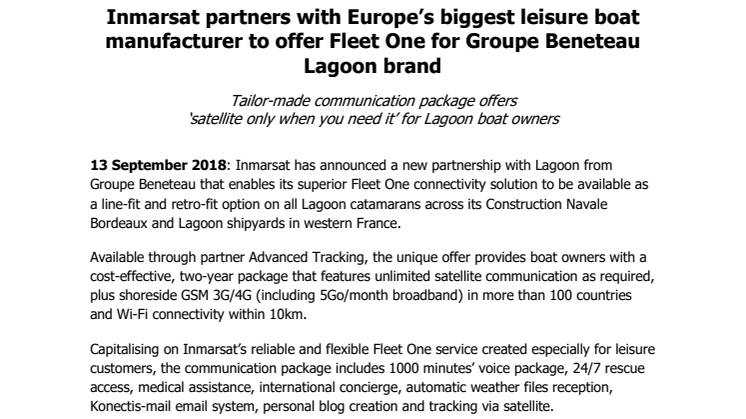Inmarsat partners with Europe’s biggest leisure boat manufacturer to offer Fleet One for Groupe Beneteau Lagoon brand