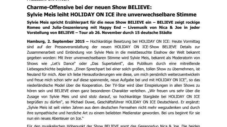 Charme-Offensive bei der neuen Show BELIEVE: Sylvie Meis leiht HOLIDAY ON ICE ihre unverwechselbare Stimme 