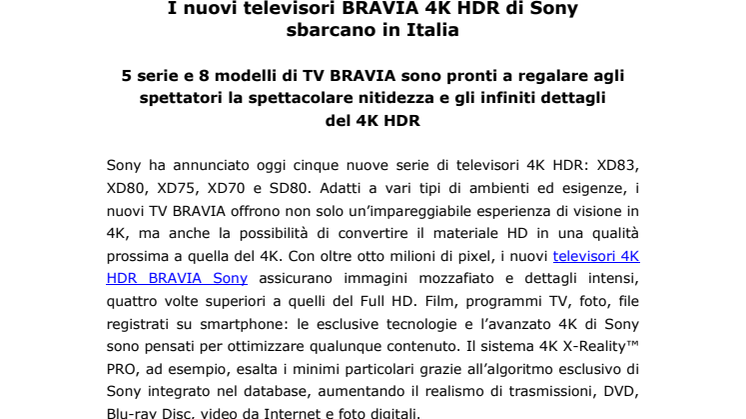 I nuovi televisori BRAVIA 4K HDR di Sony sbarcano in Italia