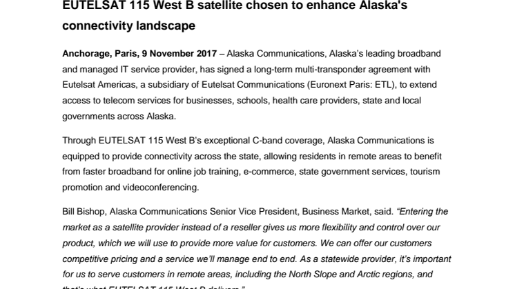 EUTELSAT 115 West B satellite chosen to enhance Alaska's connectivity landscape