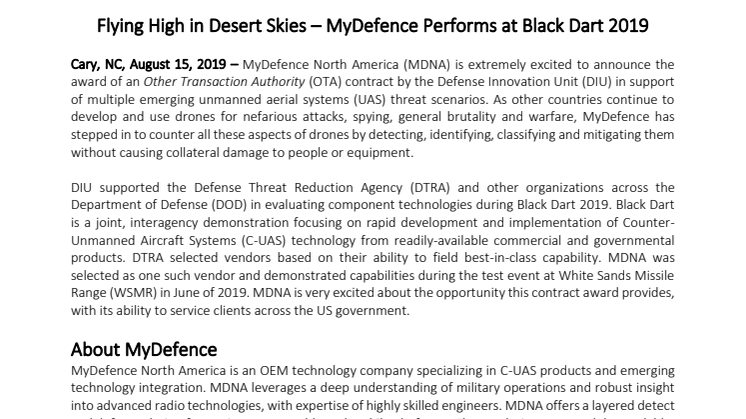 Flying High in Desert Skies – MyDefence Performs at Black Dart 2019