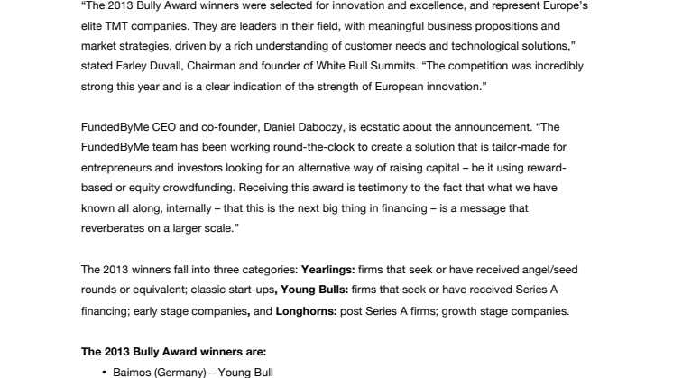 FundedByMe crowned winner in White Bull’s 2013 Bully Awards