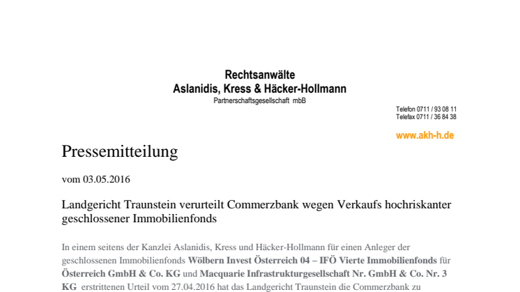 Rechtsanwälte Aslanidis, Kress & Häcker-Hollmann erstreiten erneut obsiegendes Urteil gegen Commerzbank AG