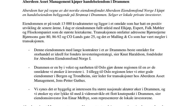 Aberdeen Asset Management kjøper handelseiendom i Drammen