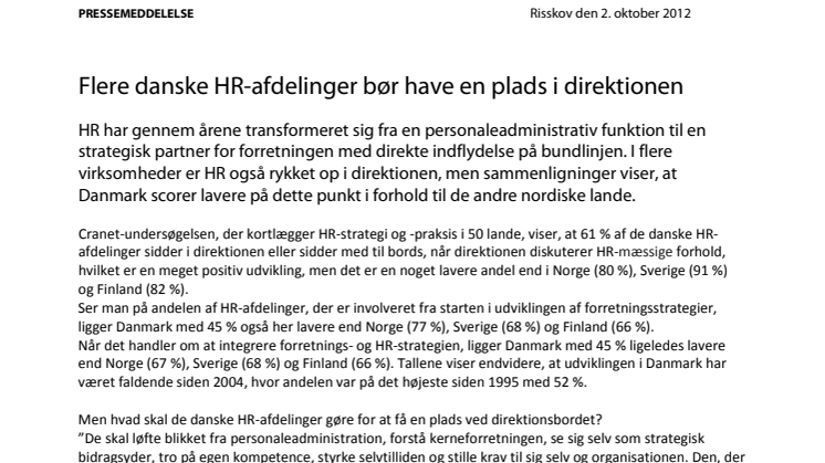 Flere danske HR-afdelinger bør have en plads i direktionen