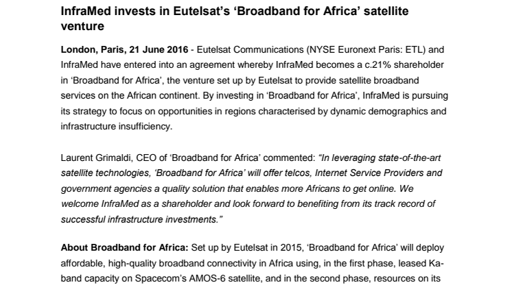 InfraMed invests in Eutelsat’s ‘Broadband for Africa’ satellite venture