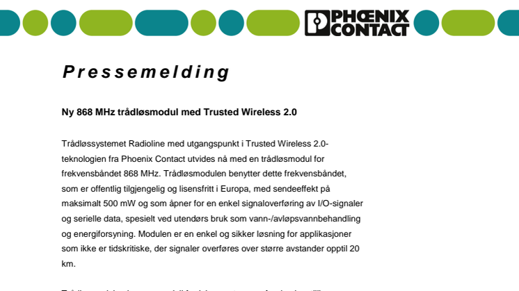 Ny 868 MHz trådløsmodul med Trusted Wireless 2.0