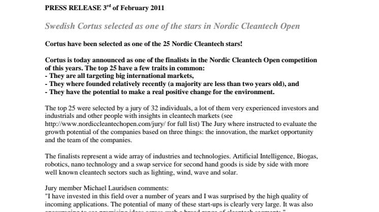 Swedish Cortus selected as one of the stars in Nordic Cleantech Open 