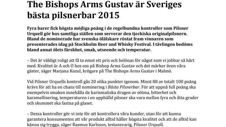 The Bishops Arms Gustav är Sveriges bästa pilsnerbar 2015