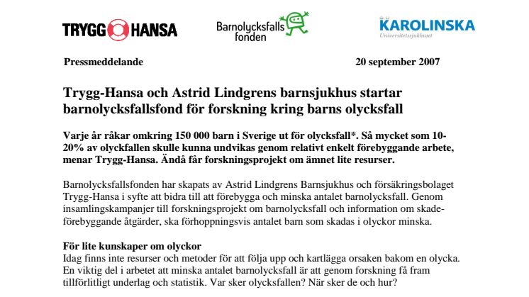 Trygg-Hansa och Astrid Lindgrens barnsjukhus startar barnolycksfallsfond för forskning kring barns olycksfall