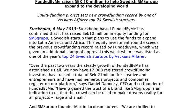 FundedByMe raises Sek10 million to help Swedish SMSgrupp expand to the developing world