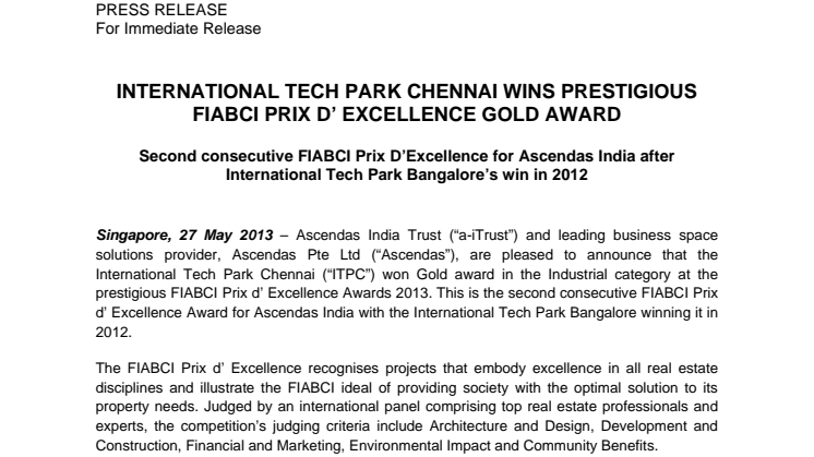 International Tech Park Chennai Wins Prestigious FIABCI Prix d' Excellence Gold Award