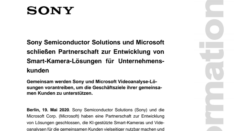 Sony Semiconductor Solutions und Microsoft schließen Partnerschaft zur Entwicklung von Smart-Kamera-Lösungen für Unternehmenskunden 