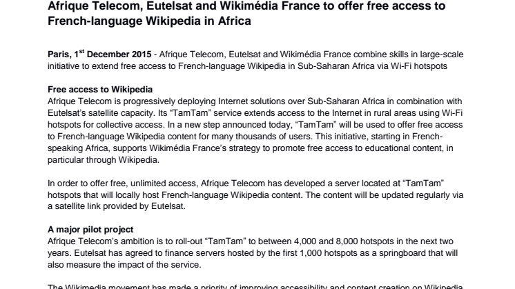 Afrique Telecom, Eutelsat and Wikimédia France to offer free access to French-language Wikipedia in Africa