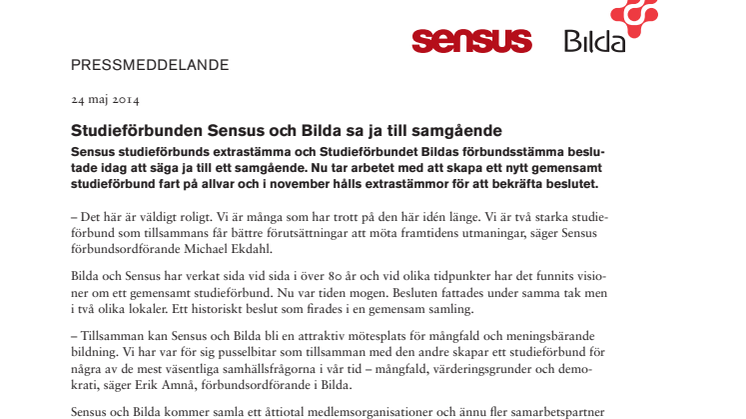 Studieförbunden Sensus och Bilda sa ja till samgående