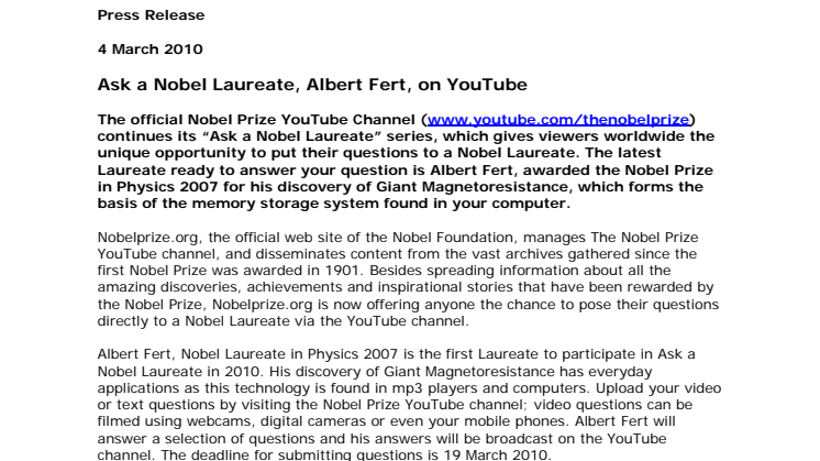 Ask a Nobel Laureate, Albert Fert, on YouTube