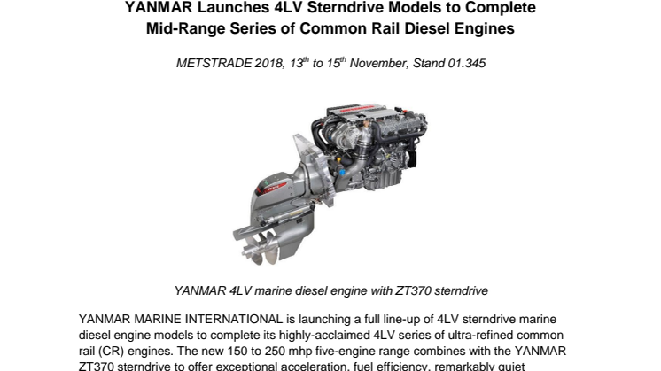 METSTRADE - YANMAR: YANMAR Launches 4LV Sterndrive Models to Complete Mid-Range Series of Common Rail Diesel Engines 